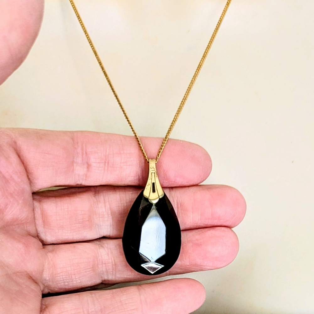 ART DECO 12k Gold Filled Teardrop Brown Crystal Pendant Chain Necklace 19.75"